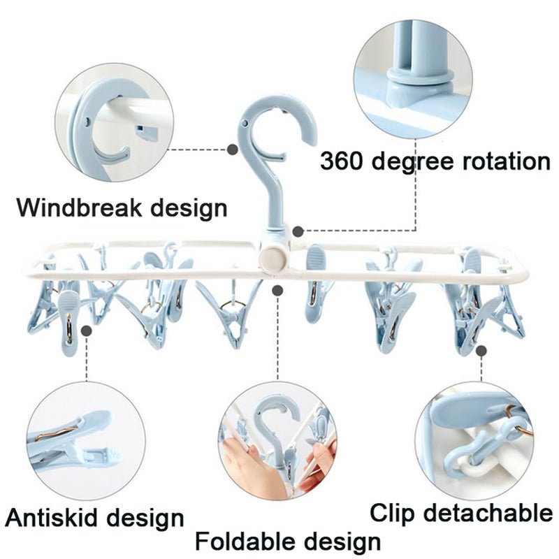 Foshine Clothes Drying Racks 2 Pack Small Folding Portable Underwear Hangers with Clips Socks 12 Clips 360Â° Rotatable Hook for Drying Towels Bras Baby Clothes Gloves Plast - Image 4